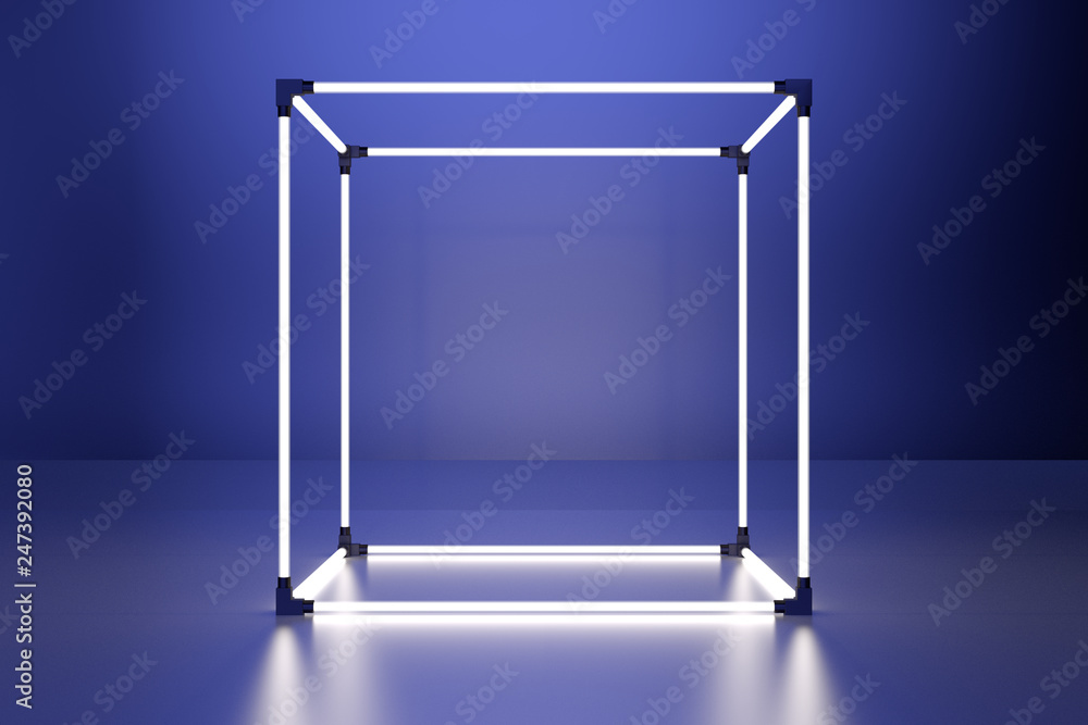 Poster neon glowing cube in interior room. empty showcase display. 3d rendering