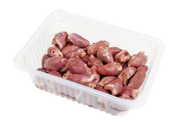 Raw fresh chicken hearts in plastic box isolated