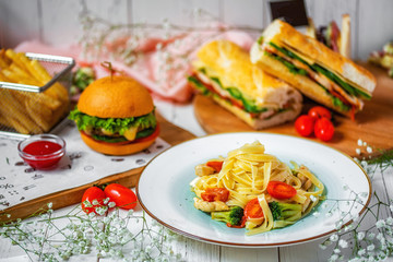 Chicken Pasta, Hamburger and Sandwich