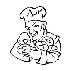 baker with cook's hat with bread, rolls and croissants, black and white icon