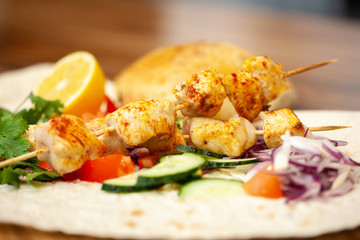 European international fusion cuisine, a beautiful dish on a white plate decorated with herbs and...
