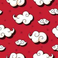 Chinese New Year 2019 pattern on red background. Seamless pattern in doodle style with traditional clouds. Texture for fabric and wrapping paper. Cartoon hand drawn Chinese new year elements.