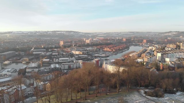 Aerial drone footage of Bristol city center & boats in harbour