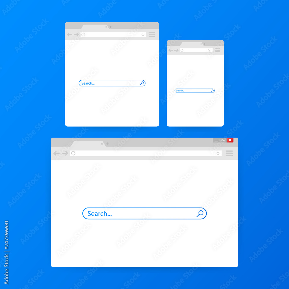 Poster simple browser window on blue background. browser search. web browser in flat style. vector illustra
