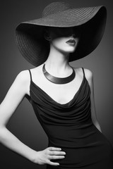 Fototapeta na wymiar portrait of young lady with black hat and evening dress