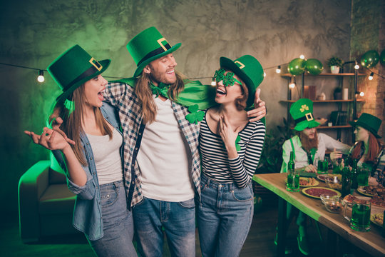 Close up photo scream shout buddies gathering company three friends cuddle laugh laughter humorous story tradition culture guys friends weekend vacation drunk funny funky specs casual outfit clothes