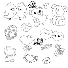 Set of hand drawn doodle love elements  Valentine's Day card, sticker, stamp design. Vector illustration with heart, love, birds, cord, lock, keys, pendant, bear, text. Hand drawn sketch style.