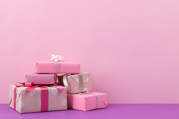 Gift boxes. Gifts on a gentle pink and lilac background. Holidays. Valentine's Day. women's Day. mother's day. space for text