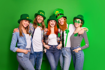 Portrait of nice attractive cheerful cheery positive group bonding guys girls wearing costumes...