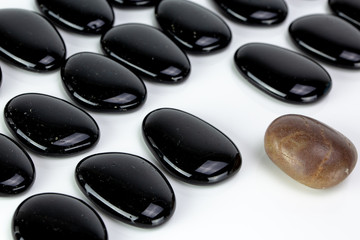 Black pebbles on white background with brown pebble.