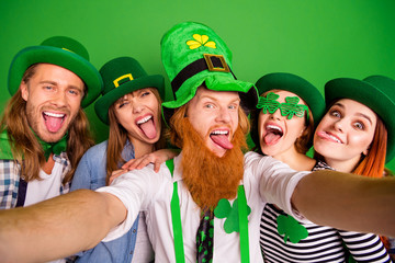Self-portrait of nice cool crazy attractive cheerful positive stylish people guys ladies wearing...