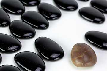 Black pebbles on white background with brown pebble.