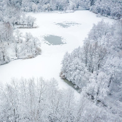Aerial view of winter beautiful landscape with trees covered with hoarfrost and snow. Winter scenery from above. Landscape photo captured with drone.