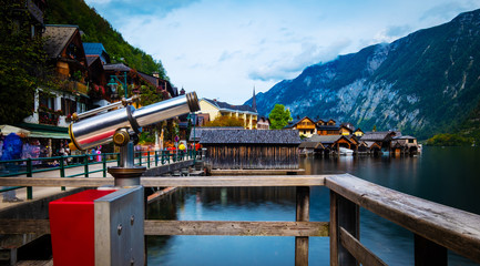 Watching place with spyglass at the wooden berth in Hallstatt,Austria