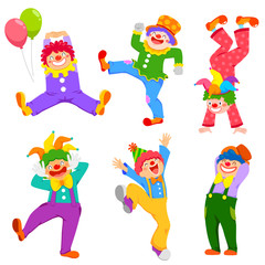 Set of cartoon happy clowns in different poses