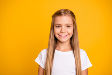 Close-up portrait of her she nice cute adorable attractive lovely pretty winsome sweet cheerful cheery straight-haired girl isolated over bright vivid shine yellow background