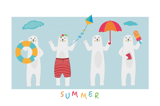 Cute polar bear. Polar bear of beach character and tropical vector. Summer greeting card. Happy Summer holidays