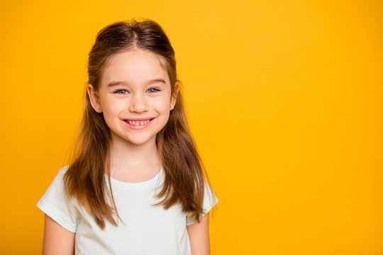 Portrait of her she nice-looking cute winsome sweet attractive lovely pretty cheerful cheery positive caucasian pre-teen girl isolated over bright vivid shine yellow background