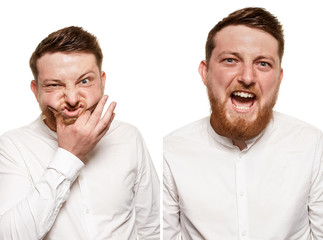 Studio portrait of young grimacing and laughing man