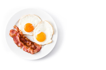 Fried eggs and bacon for breakfast isolated on white background.Top view. Copyspace