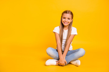 Portrait of her she nice cute sweet attractive cheerful straight-haired pre-teen girl sitting in...