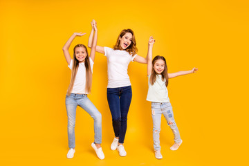 Full length body size view portrait of three nice cute attractive stylish healthy slim cheerful...