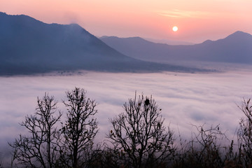 Sunrise viewpoint And fog covering mountains, Thailand