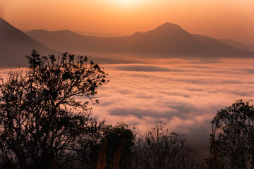 Sunrise viewpoint And fog covering mountains, Thailand