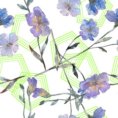 Pink and purple flax floral botanical flower. Watercolor illustration set. Seamless background pattern.