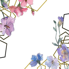 Pink and purple flax floral botanical flower. Watercolor background illustration set. Frame border ornament square.