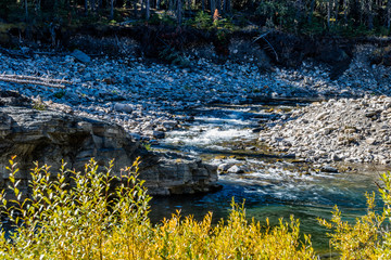 The Livingston River flows over the chutes that make up the falls, Livinston Falls Provincial Recreation Area, Alberta, Canada