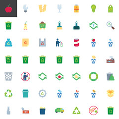 Garbage recycling elements collection, flat icons set, Colorful symbols pack contains - organic food waste, garbage bag, battery utilization, trash container. Vector illustration. Flat style design