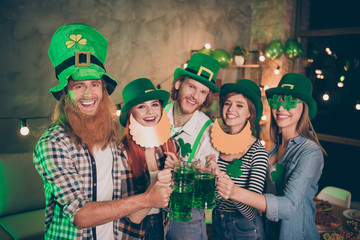 Close up photo lucky company hands arms raise irish beverage wear eyeglasses specs national culture...