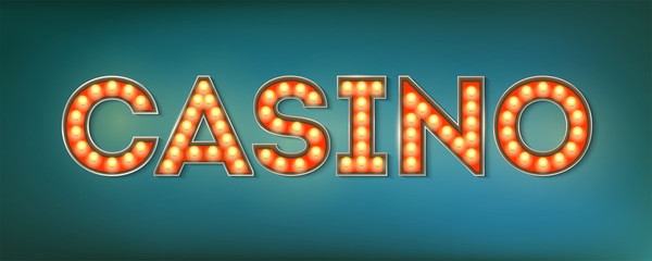 Illuminated street sign in the vintage style. 3d vector illustration on casino theme with lighting bulbs and design of text on grunge blue background. Template for posters, cover, leaflets.