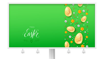 Billboard for Happy Easter holidays. Calligraphic handwritten text and wishes for festive events with golden toys. Easter eggs with hand painting patterns, golden stars and colored pearls on green.