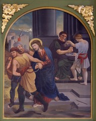 Obraz na płótnie Canvas 1st Stations of the Cross, Jesus is condemned to death, church of Saint Matthew in Stitar, Croatia 