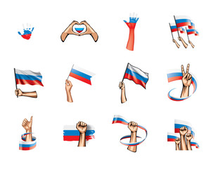 Russia flag and hand on white background. Vector illustration