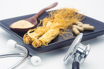 Stethoscope and Ginseng root powder for capsules medicine