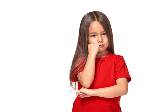 very Sad offended girl in red t-shirt