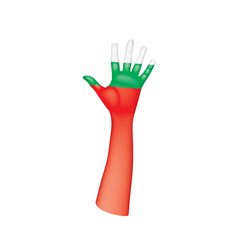 Bulgaria flag and hand on white background. Vector illustration