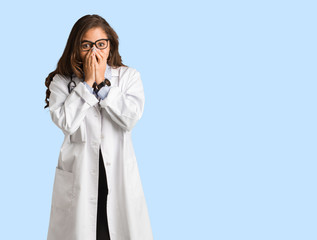 Full body young doctor woman very scared and afraid hidden