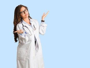 Full body young doctor woman confused and doubtful