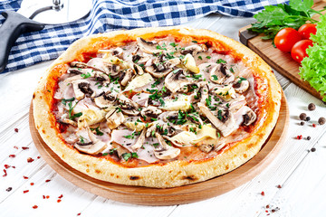 Close up view on pizza on white wooden background with ingridients. Italian cuisine. Ready to Eat. Restaurant, food menu, recipe, cafe concept. Lifestyle with copy space