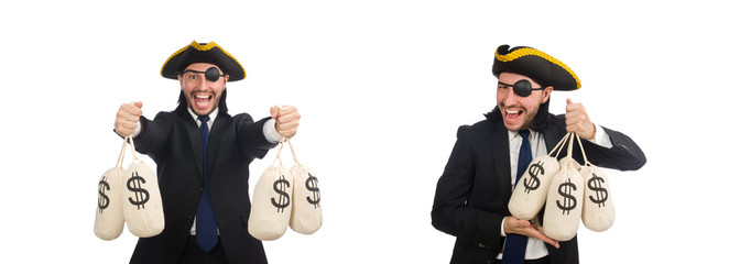 Pirate businessman holding money bags isolated on white
