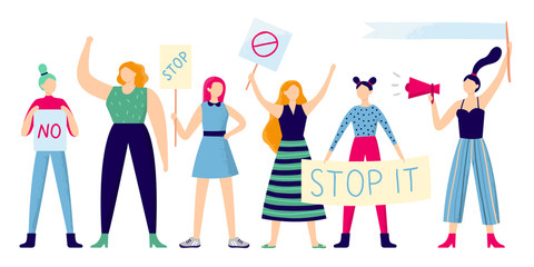 Fototapeta na wymiar Women protesters. Female group protest, strong woman holding feminism placard and women rights manifestation flat vector illustration