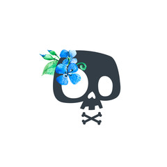 Insigne d& 39 impression bleu noir floral de crâne humain. T-shirt à fleurs et os croisés imprimé design coloré. Squelette Mort Art Abstrait Autocollant Modèle Isolé Illustration Vectorielle Plane