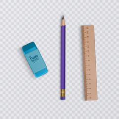 A realistic pencil with a eraser and ruler on a transparent background, stationery and school goods, vector eps 10 illustration