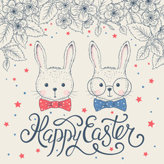 Happy Easter greeting card with cute rabbits, spring blossom branch, lettering