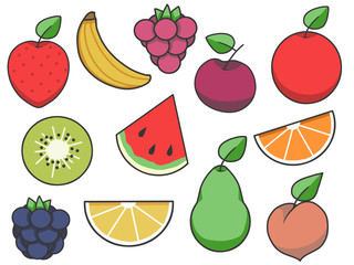 Simple fruit vector icon collection with strawberry, apple, pear, lemon, peach, kiwi, banana, raspberry, cherry, orange and blackberry