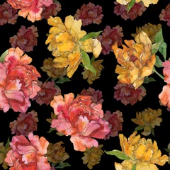 Papier Peint photo Pour elle Fleur botanique florale de pivoine jaune et rouge. Ensemble d& 39 illustrations de fond aquarelle. Motif de fond sans couture.